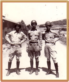 Troopers at Camp Lockett, California, circa 1940, Three unknown troopers wearing horse riding military uniforms, 28th Horse Cavalry